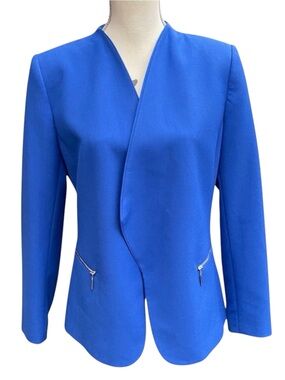 Tahari ASL Cobalt Blue Open Front Zipper Pocket Blazer Jacket (10)